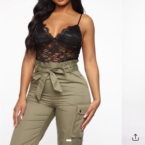 Fashion Nova Black Lace Top with Olive Cargo Jumpsuit